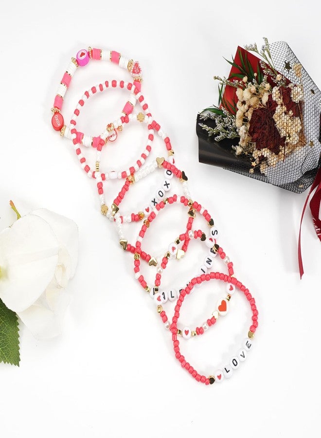 Lonext Valentine’s Day Bracelets Sweet Charms Beaded Stretch Bracelet for Women Rose Flower Love Heart Bracelets Set for Valentine’s Day - Image 5